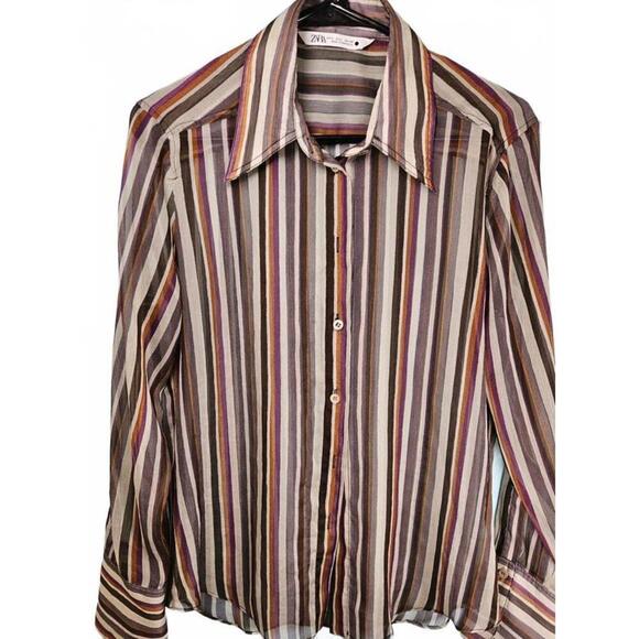 Zara Women's Sheer Striped Button-Up Collared Shirt Size Large - Picture 1 of 8